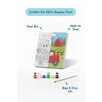 Çiftlik ve Kamyon Temalı Çocuk Boyama Tuvali – Şövalesiz Eğitici Boyama Seti 20x20 cm