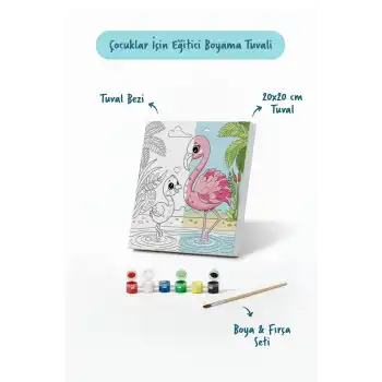 Flamingo Temalı Çocuk Boyama Tuvali – Şövalesiz Eğitici Boyama Seti 20x20 cm