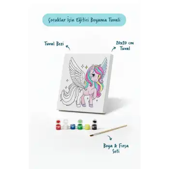 Kanatlı Unicorn Temalı Çocuk Boyama Tuvali – Şövalesiz Eğitici Boyama Seti 20x20 cm