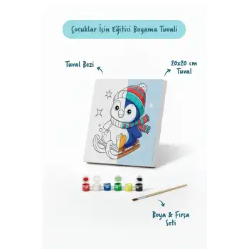 Kızaklı Penguen Temalı Çocuk Boyama Tuvali – Şövalesiz Eğitici Boyama Seti 20x20 cm
