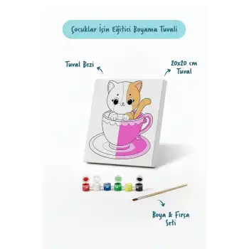 Kupa İçinde Sevimli Kedi Çocuk Boyama Tuvali – Şövalesiz Boyama Seti 20x20 cm