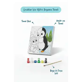 Penguen Temalı Çocuk Boyama Tuvali – Şövalesiz Eğitici Boyama Seti 20x20 cm