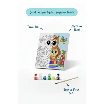 Sevimli Baykuş Temalı Çocuk Boyama Tuvali – Şövalesiz Eğitici Boyama Seti 20x20 cm