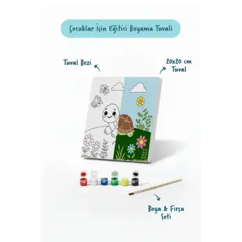 Sevimli Kaplumbağa Temalı Çocuk Boyama Tuvali – Şövalesiz Eğitici Boyama Seti 20x20 cm