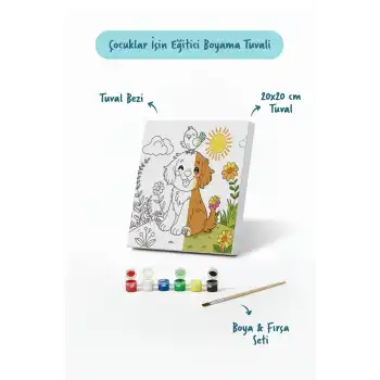 Sevimli Köpek ve Kuş Temalı Çocuk Boyama Tuvali – Şövalesiz Eğitici Boyama Seti 20x20 cm