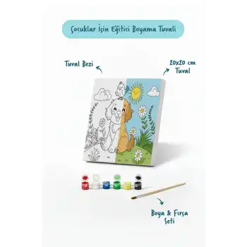 Sevimli Köpek ve Kuş Temalı Çocuk Boyama Tuvali – Şövalesiz Eğitici Boyama Seti 20x20 cm
