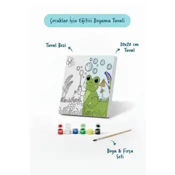 Sevimli Kurbağa Temalı Çocuk Boyama Tuvali – Şövalesiz Eğitici Boyama Seti 20x20 cm