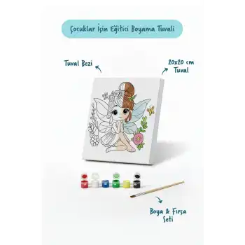 Sevimli Peri Temalı Çocuk Boyama Tuvali – Şövalesiz Eğitici Boyama Seti 20x20 cm