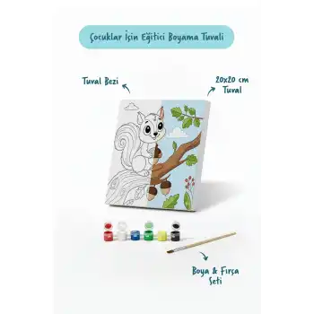Sevimli Sincap Temalı Çocuk Boyama Tuvali – Şövalesiz Eğitici Boyama Seti 20x20 cm