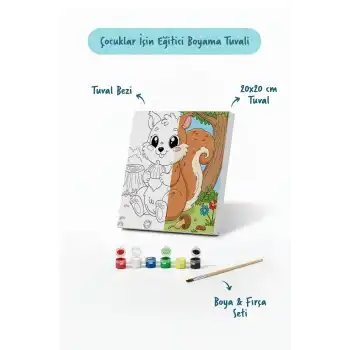 Sevimli Sincap Temalı Çocuk Boyama Tuvali – Şövalesiz Eğitici Boyama Seti 20x20 cm