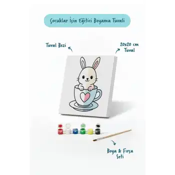 Sevimli Tavşan Temalı Çocuk Boyama Tuvali – Şövalesiz Eğitici Boyama Seti 20x20 cm