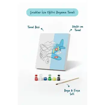 Uçak Temalı Çocuk Boyama Tuvali – Şövalesiz Eğitici Boyama Seti 20x20 cm