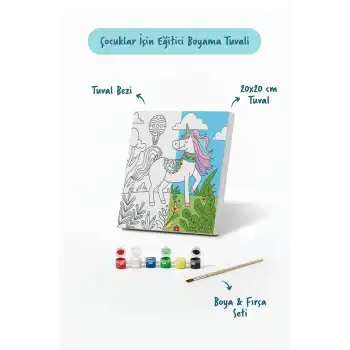 Unicorn & Doğa Temalı Çocuk Boyama Tuvali – Şövalesiz Boya Seti 20x20