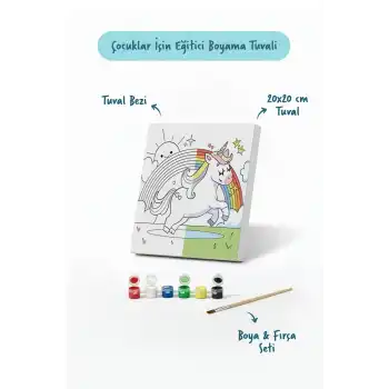 Unicorn & Gökkuşağı Figürlü Çocuk Boyama Tuvali – Şövalesiz Boya Seti 20x20