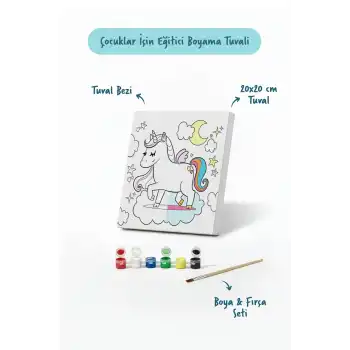 Unicorn Temalı Çocuk Boyama Tuvali Seti – Şövalesiz Eğitici Boyama Seti 20x20 cm