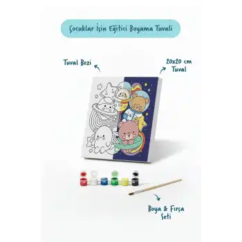 Uzay & Astronot Ayıcık Figürlü Çocuk Boyama Tuvali – Şövalesiz Boya Seti 20x20