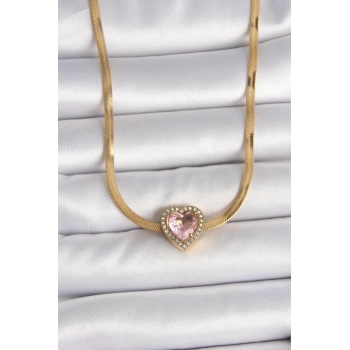 316L Çelik Gold Renk İtalyan Zincir Pembe Zirkon Taşlı Kalp Model Kadın Kolye