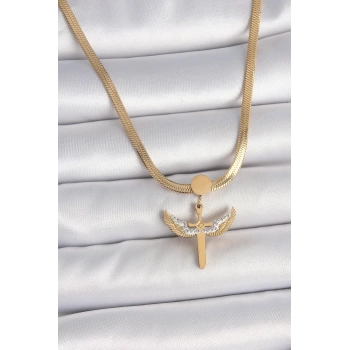 316L Çelik Gold Renk İtalyan Zincir Zirkon Taş Detaylı Mikail Model Kadın Kolye