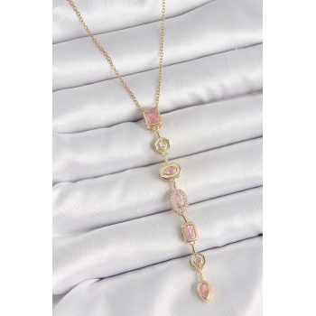 316L Çelik Gold Renk Zincir Pembe Zirkon Taşlı Y Model Dekolte Kadın Kolye