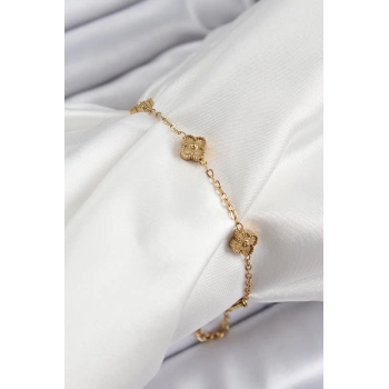 316L Çelik Yonca Model Gold Renk Kadın Bileklik