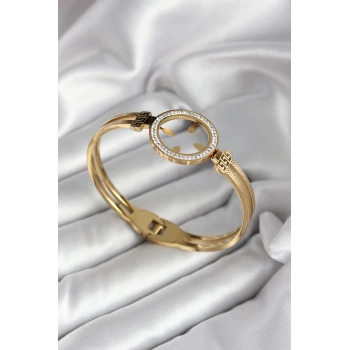 316L Çelik Zirkon Taşlı Çeyrek Takılabilir Model Gold Renk Kadın Kelepçe