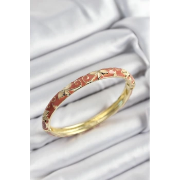 Mineli Pirinç Krem Çiçek Motifli Gold Renk Kadın Kelepçe