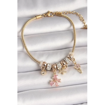 Pirinç Gold Renk Sallantı Pembe Zirkon Taşlı Kelebek Figür Çiçek Detay Charm Kadın Bileklik