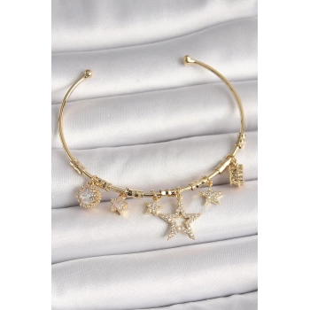 Pirinç Gold Renk Sallantı Zirkon Taşlı Yıldız Model Kalp Detay Charm Kadın Bileklik