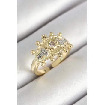 Pirinç Göz Figürlü Zirkon Taşlı Gold Renk Ayarlanabilir Kadın Yüzük