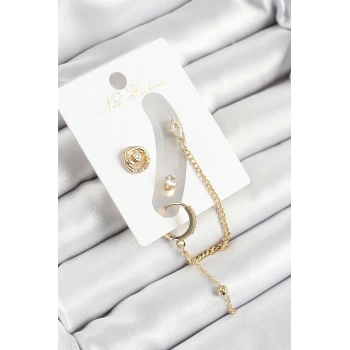 Pirinç Halka Figürlü Zirkon Taşlı Gold Renk 3lü Kıkırdak Kadın Küpe Set