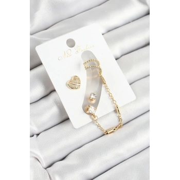 Pirinç Kalp Figürlü Zirkon Taşlı Gold Renk 3lü Kıkırdak Kadın Küpe Set