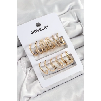 Pirinç Karışık Halka Model Gold Renk 6 Çift Kadın Küpe Set