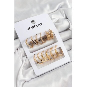 Pirinç Karışık Halka Model Gold Renk 6 Çift Kadın Küpe Set