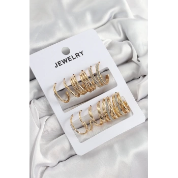 Pirinç Karışık Halka Model Gold Renk 6 Çift Kadın Küpe Set