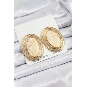 Pirinç Mermer Desenlli Bej Sedef Oval Vintage Model Gold Renk Kadın Küpe