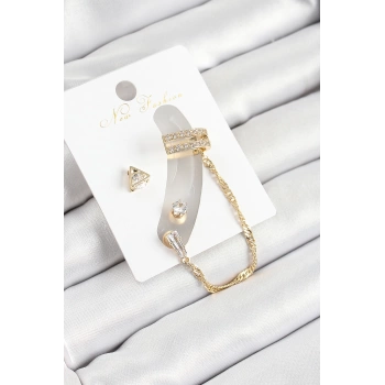 Pirinç Üçgen Figürlü Zirkon Taşlı Gold Renk 3lü Kıkırdak Kadın Küpe Set