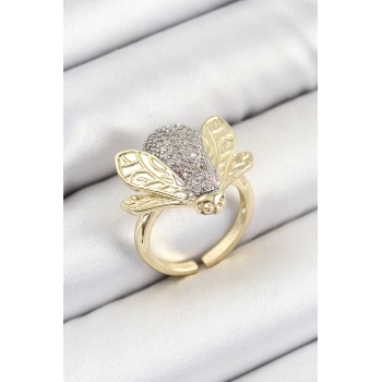 Pirinç Zirkon Taşlı Arı Model Gümüş Ve Gold Renk Kadın Yüzük
