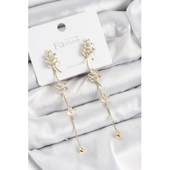 Pirinç Zirkon Taşlı Sallantılı  Model Gold Renk 925 Ayar Gümüş Çivi Kadın Küpe