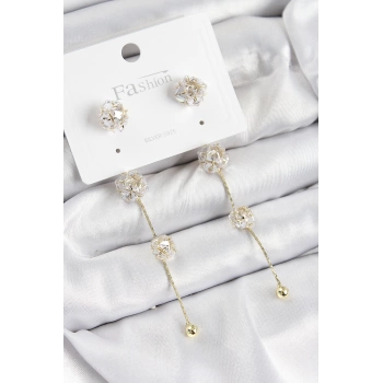 Pirinç Zirkon Taşlı Sallantılı  Model Gold Renk 925 Ayar Gümüş Çivi Kadın Küpe