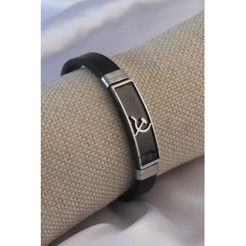 Siyah Metal Çekiç Orak Model Siyah Deri Erkek Bileklik