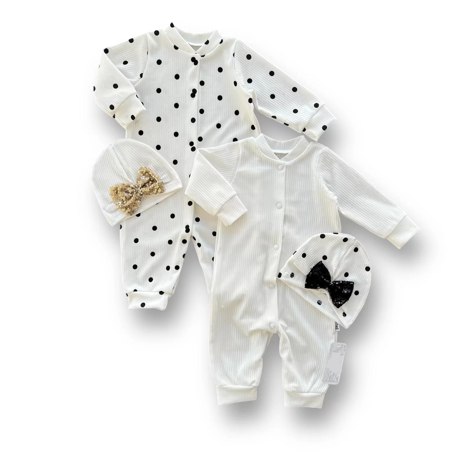 0-3 3-6 6-9 Months Sequin Hat With Spout Cover And Straight 2 Li Kombin Girl Baby Coveralls White