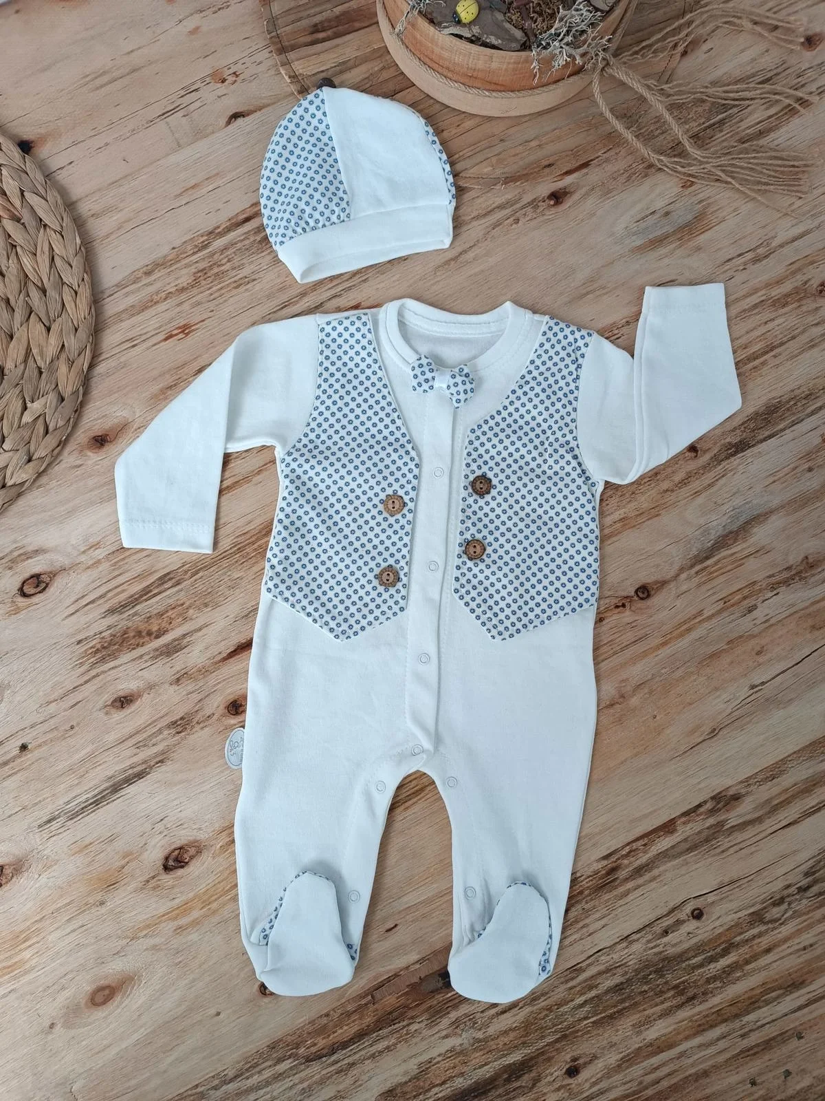 0-3 3-6 6-9 Moon Hat Vest Detailed Size Stud Man Baby Coverall Ekru