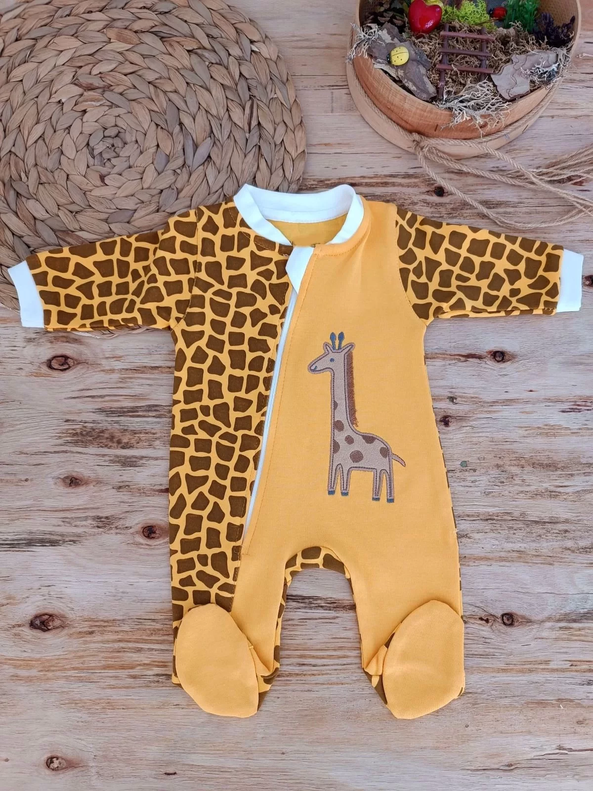 0-3 3-6 Ay Boy Fermuar Zürafa Nakışlı Kız Erkek Bebek Tulum Sarı