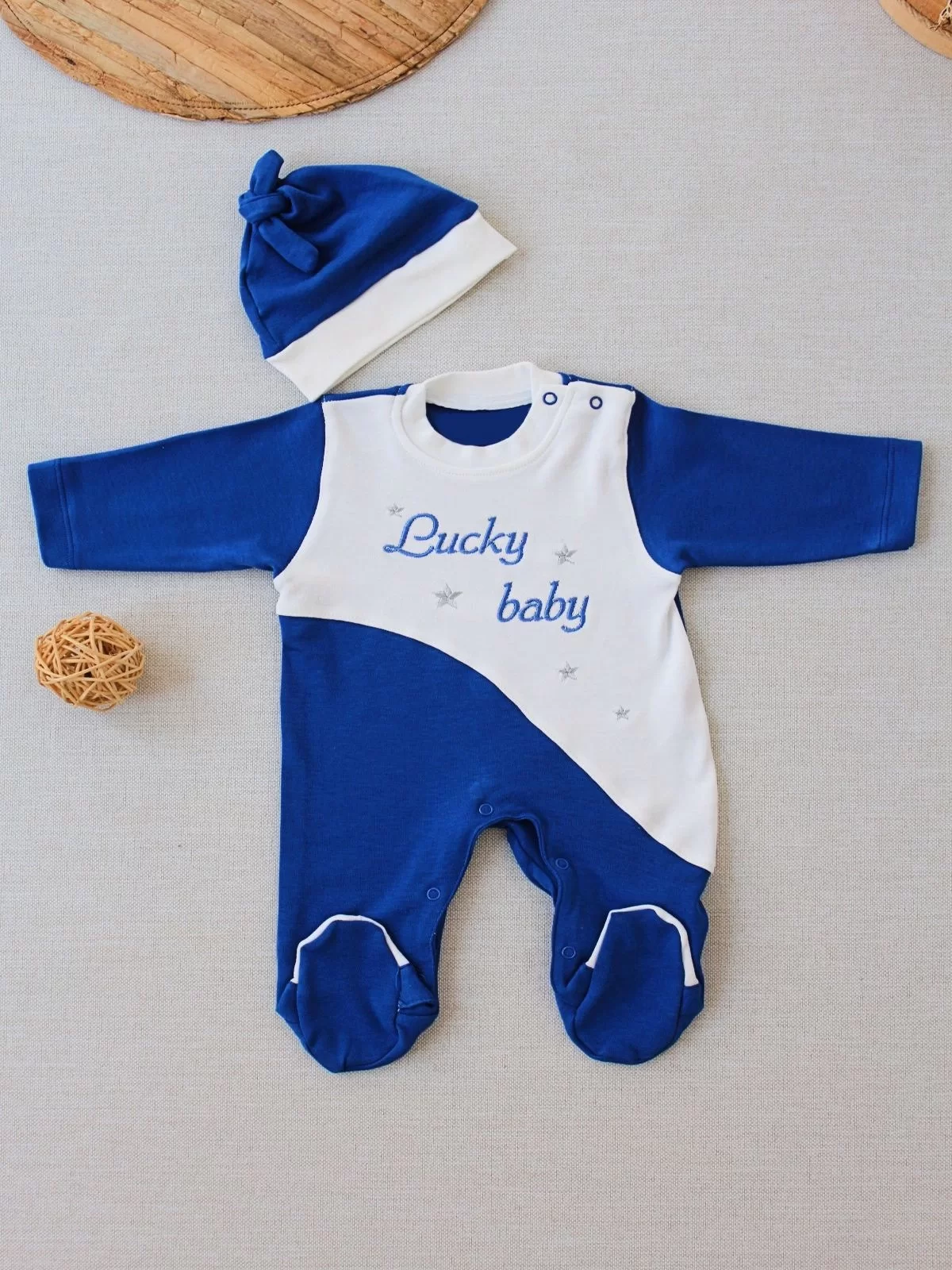 0-3 3-6 Ay Lucky Baby Nakışlı Es Çizgi Boy Şapkalı Erkek Bebek Tulumu Lacivert