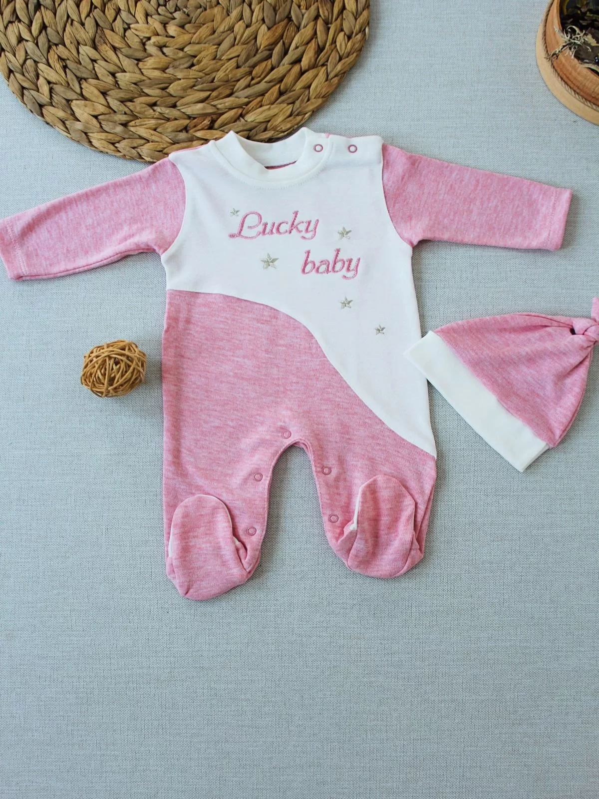0-3 3-6 Months Lucky Baby Embroidered Es Cartoon Boy Hat Girl Baby Coverall Pink