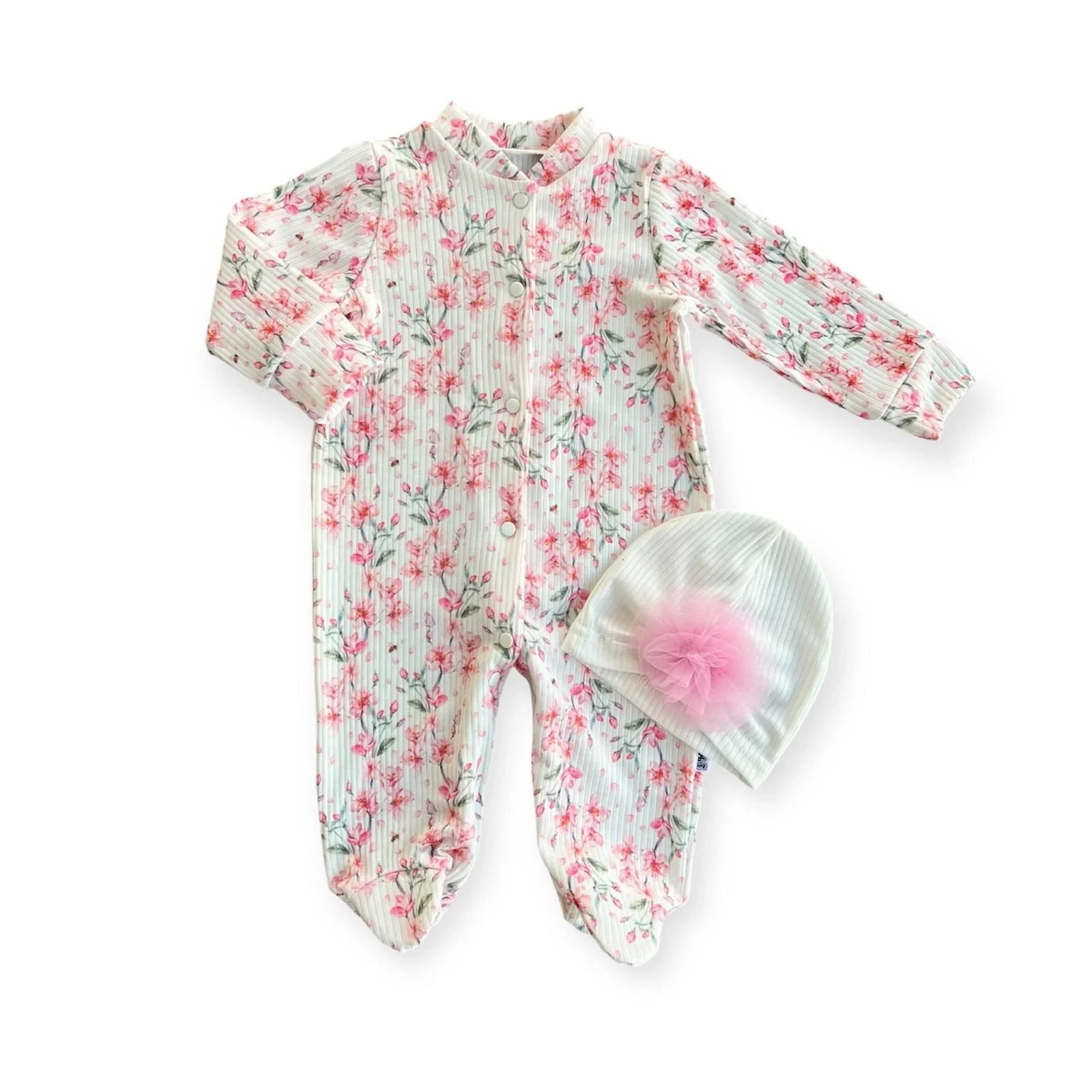 0-3-6-9 Moon Floral Printed Full Size Stolen Patikli Rose Bone Girl Baby Coverall Ekru