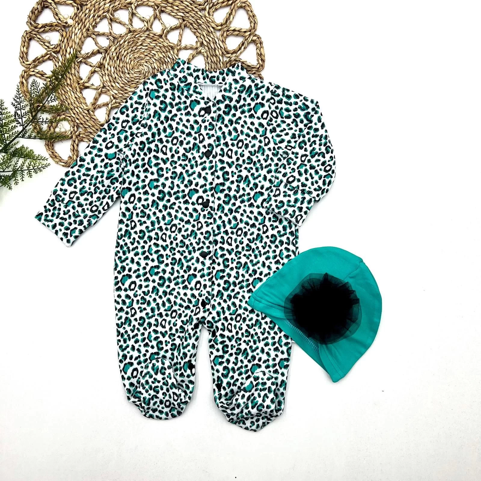 0-3-6-9 Moon Leopard Printed Full Size Ratchet Patikli Rose Bone Girl Baby Coverall Turkuaz