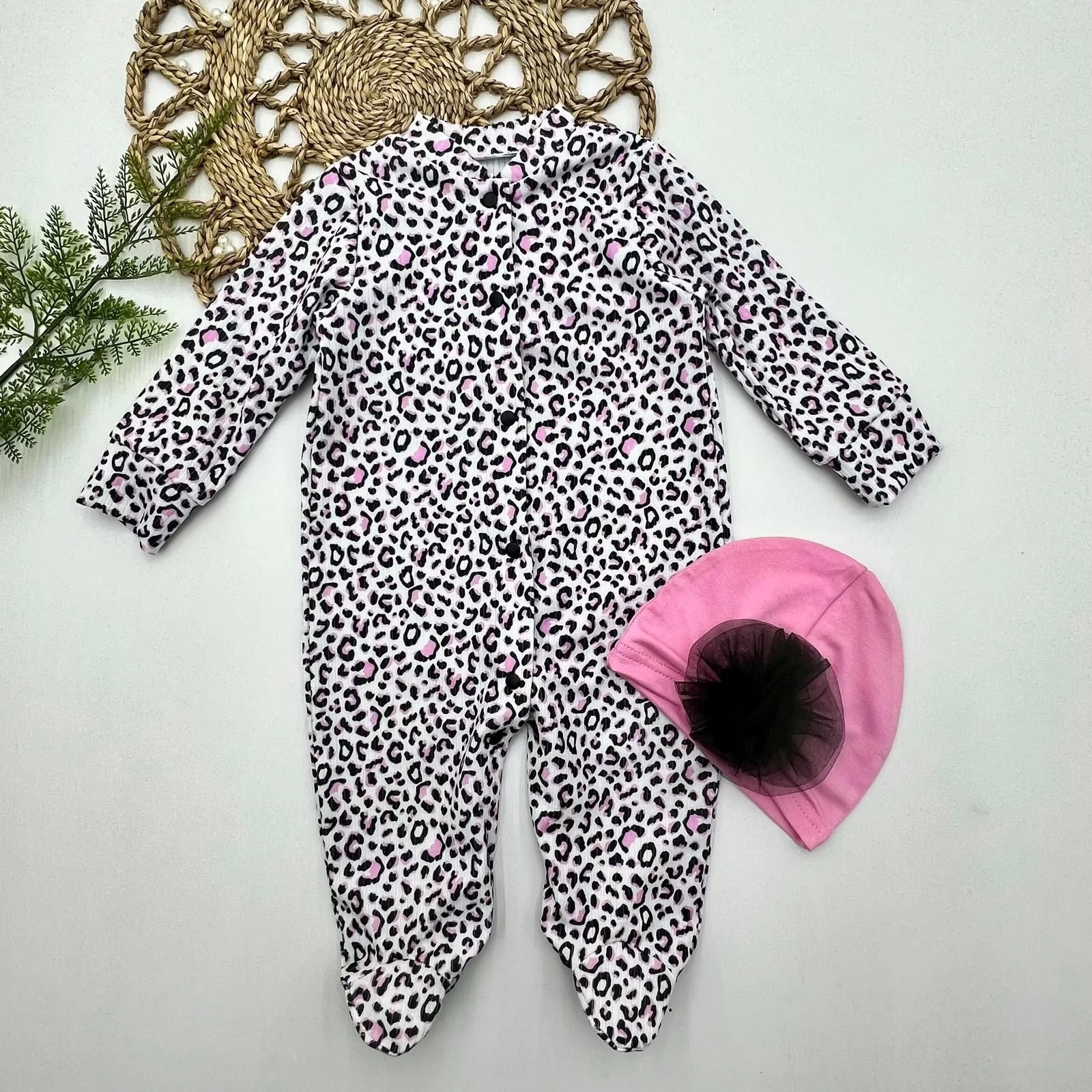 0-3-6-9 Moon Leopard Printed Full Size Studed Patikli Rose Bone Girl Baby Coverall Pink