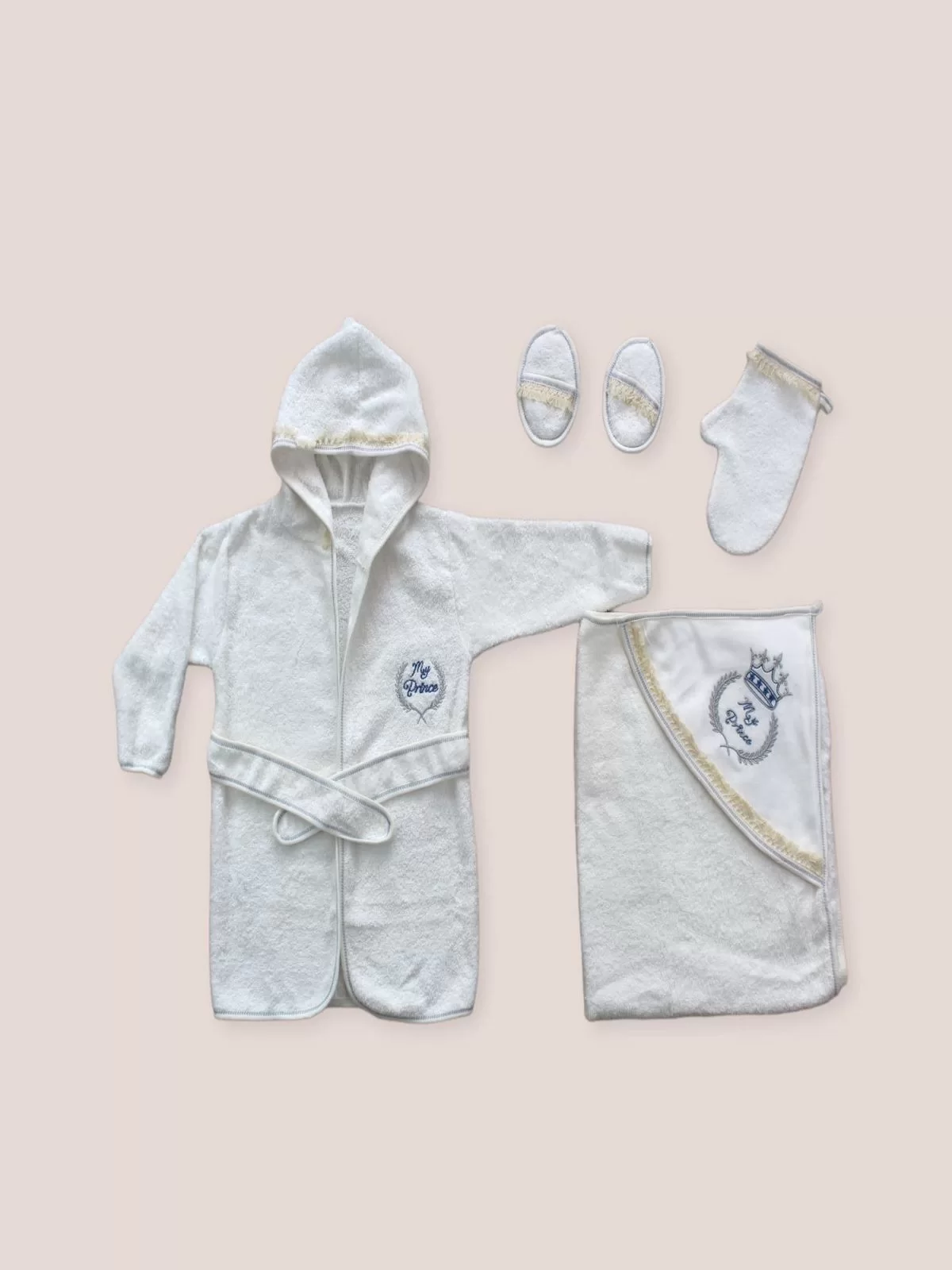 0-6 Ay Tiger Embroidered Bathrobe With 5 Male Baby Towel Hanger Set Blue