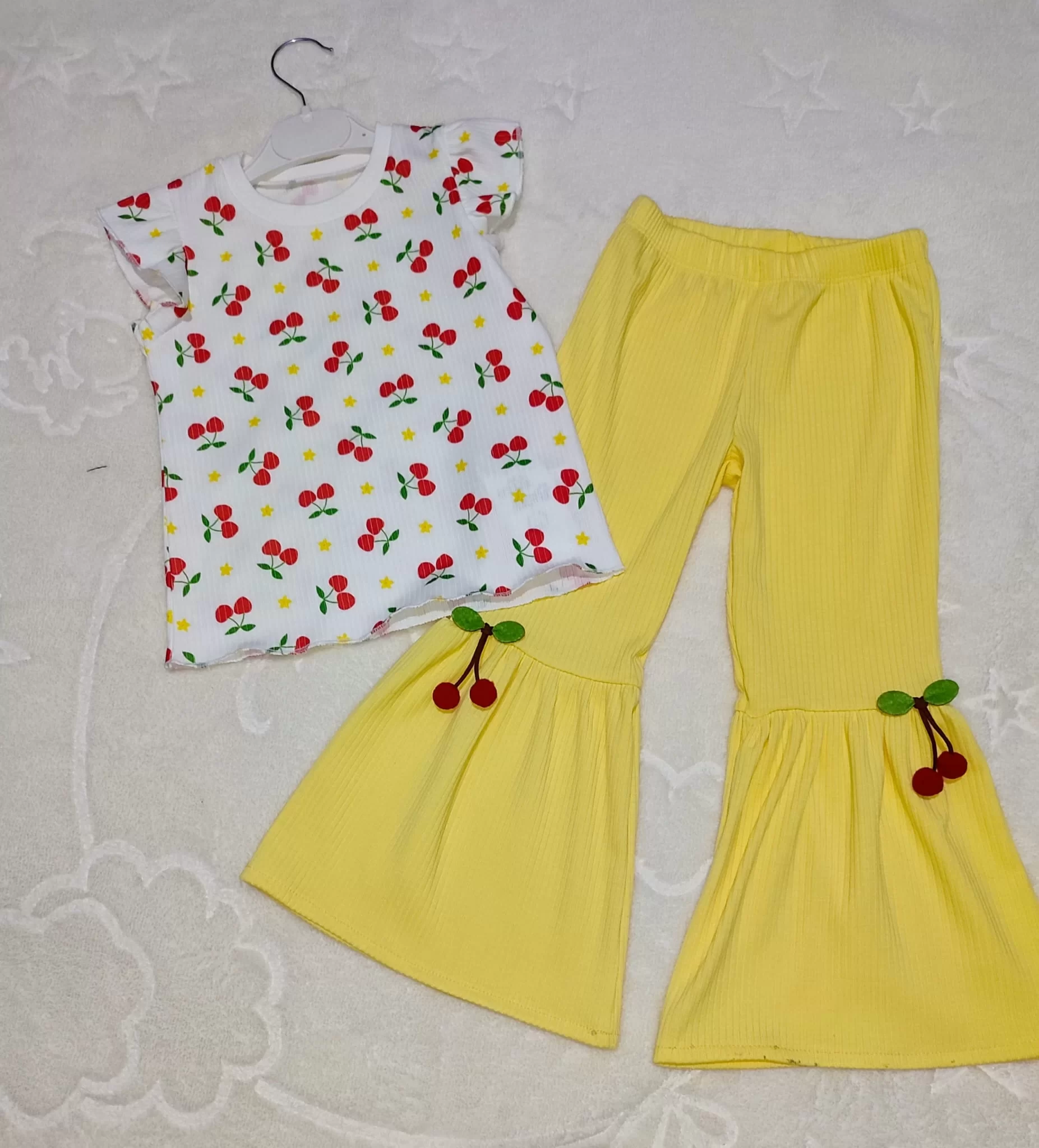 1-2-3-4 Age Cherry Printed T-shirt Spanish Rat Likralı 2 Girl Children Set Yellow